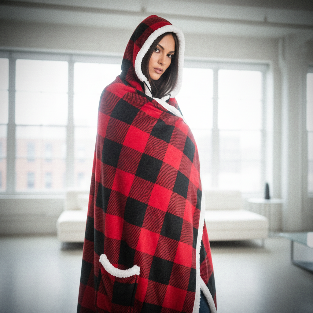 HOODZY Buffalo Plaid Wearable Blanket | Red & Black Sherpa Fleece w/ Hood, Pockets & Pom-Poms 51x71