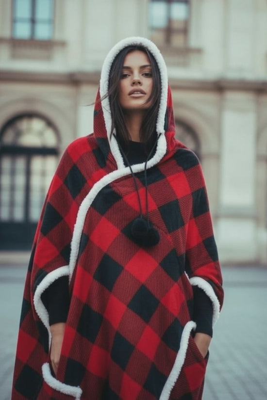 HOODZY Buffalo Plaid Wearable Blanket | Red & Black Sherpa Fleece w/ Hood, Pockets & Pom-Poms 51x71