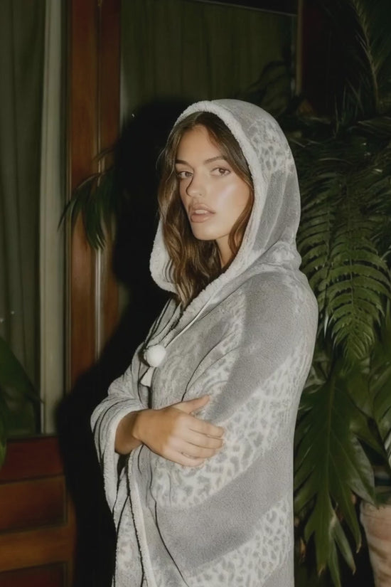 HOODZY Faux Fur Wearable Blanket Hoodie | Grey Leopard Sherpa Lined Throw w/ Hood & Pom-Poms 51x71