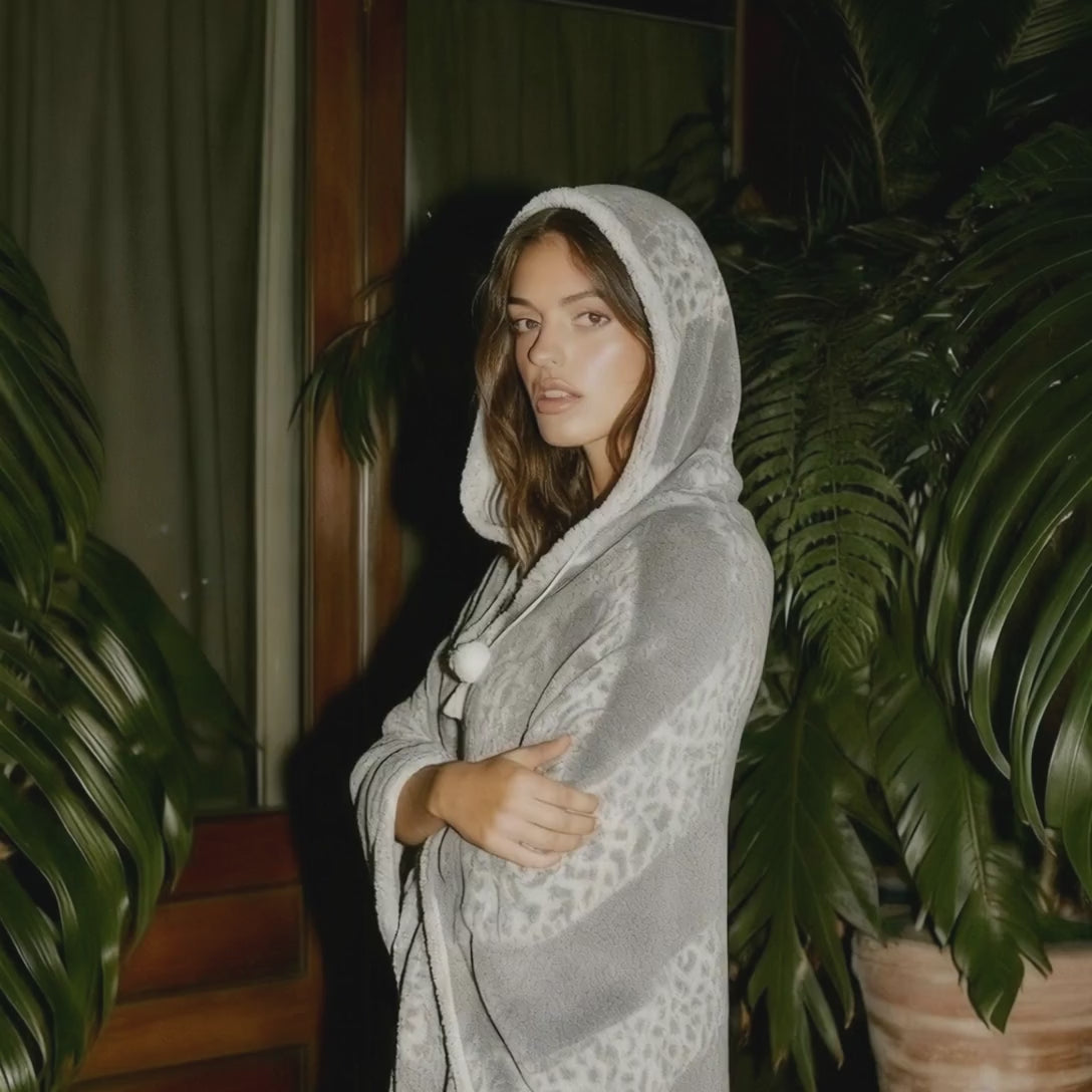 HOODZY Faux Fur Wearable Blanket Hoodie | Grey Leopard Sherpa Lined Throw w/ Hood & Pom-Poms 51x71