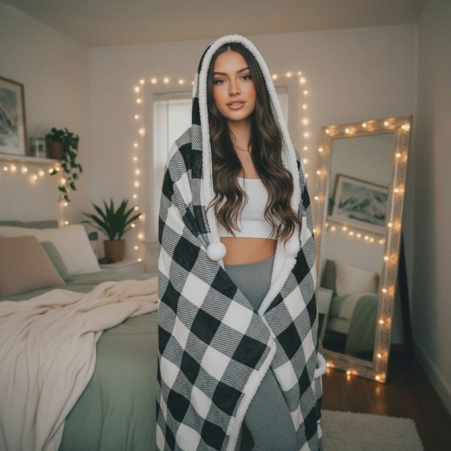 HOODZY Wearable Blanket | Black & White Buffalo Plaid Fleece w/ Sherpa Lining, Pockets & Hood 51x71