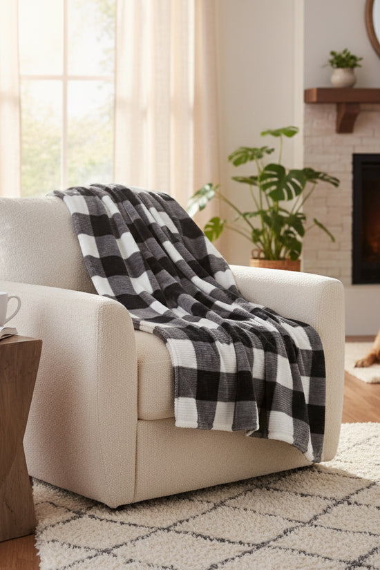 Buffalo Plaid Flannel Throw Blanket 48x60 | Black & White Ribbed Fleece for Couch, Bed, Home Decor