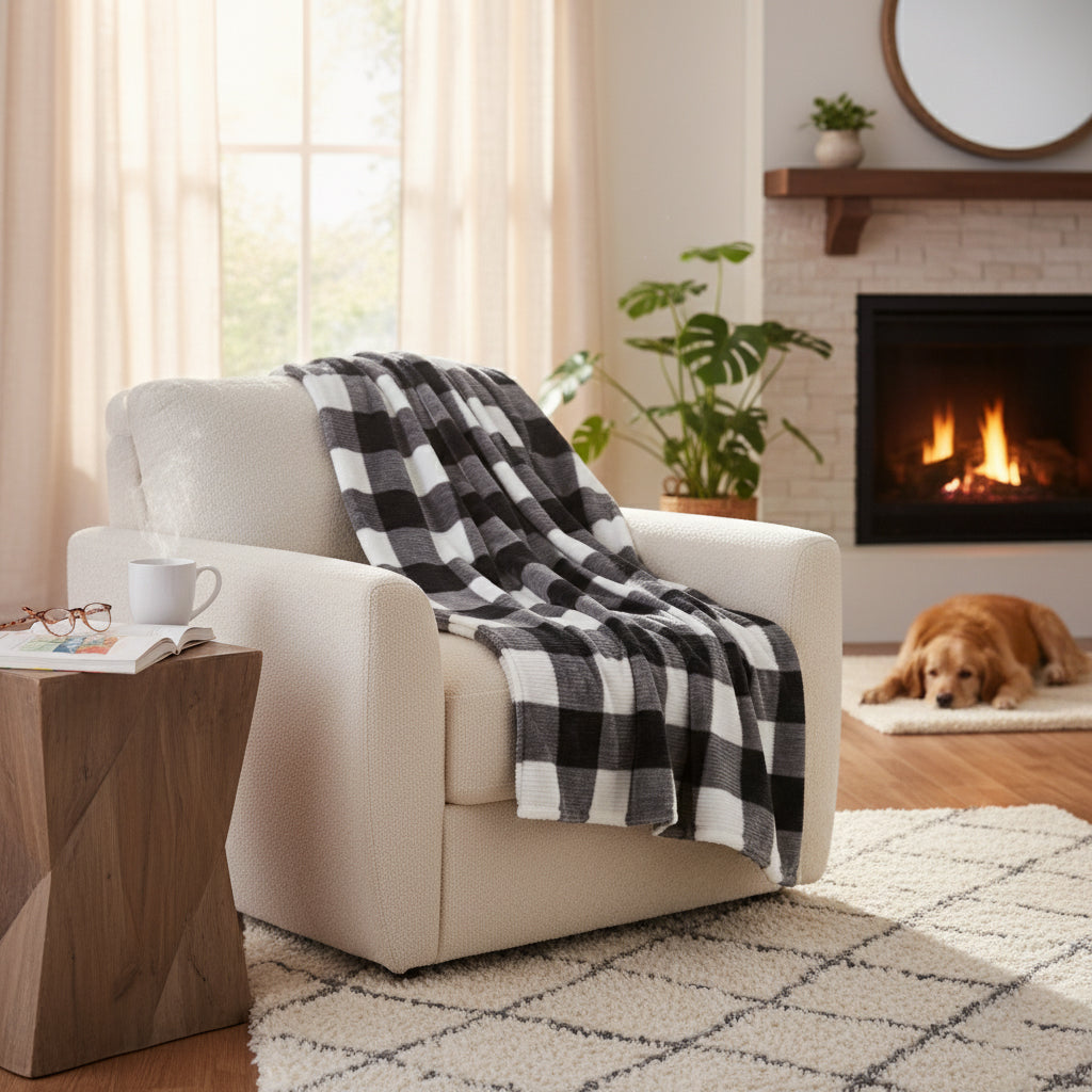 Buffalo Plaid Flannel Throw Blanket 48x60 | Black & White Ribbed Fleece for Couch, Bed, Home Decor